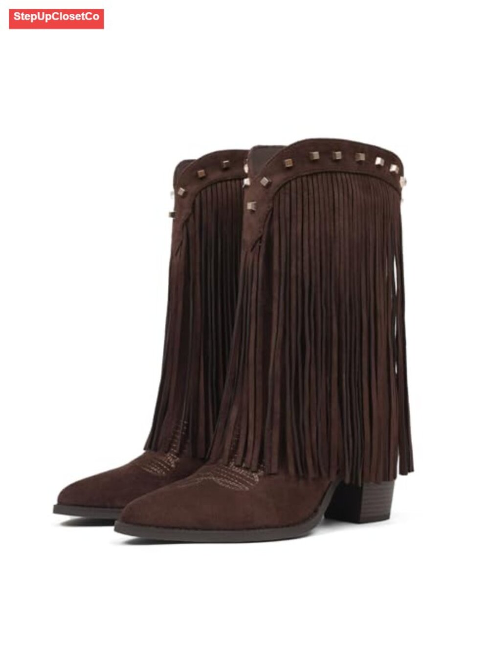 Fringe Cowboy Boots Women Mid Calf Suede Chunky Heel Western